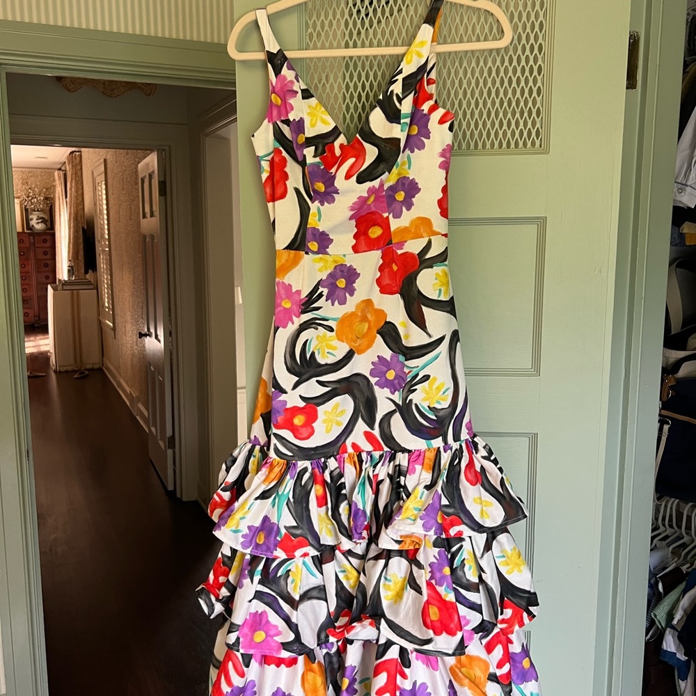 Stella Jean White Floral Midi Dress with Red, Purple, Yellow, Orange Accents